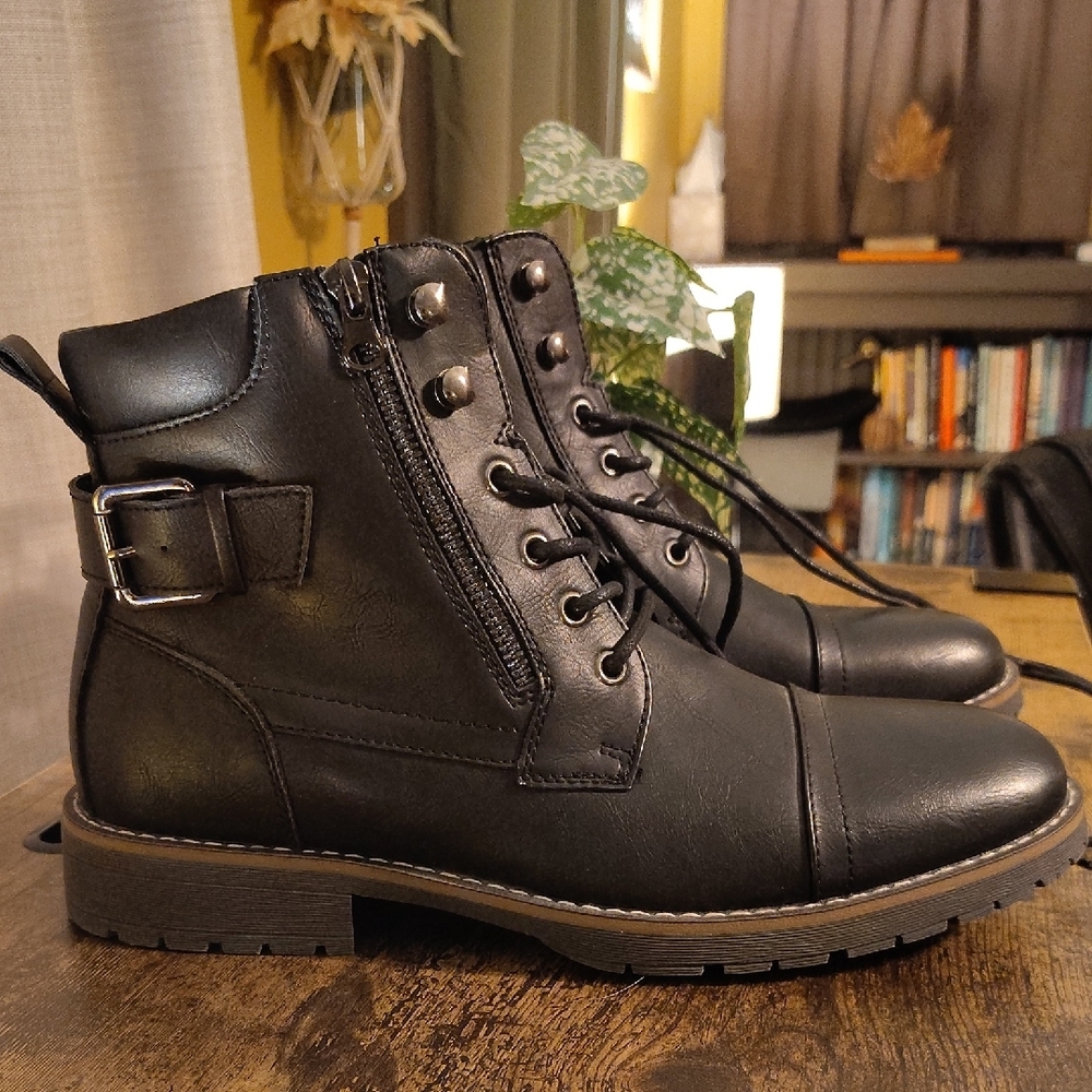 Vostey Black and Tan Leather Motorcycle Boots